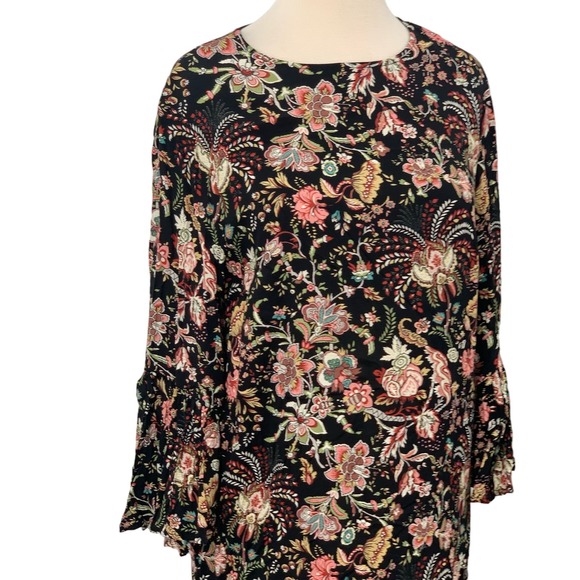 H&M Women's 3/4 Flared‎ Sleeve Pullover Dress Black Multi Floral Size 6 - Picture 5 of 8